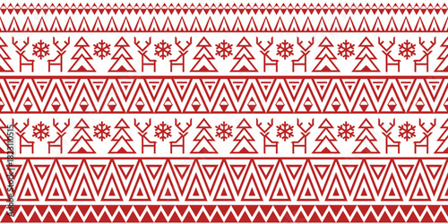 Seamless pattern with deer and trees. Geometric vector ornament in Scandinavian minimalist style.