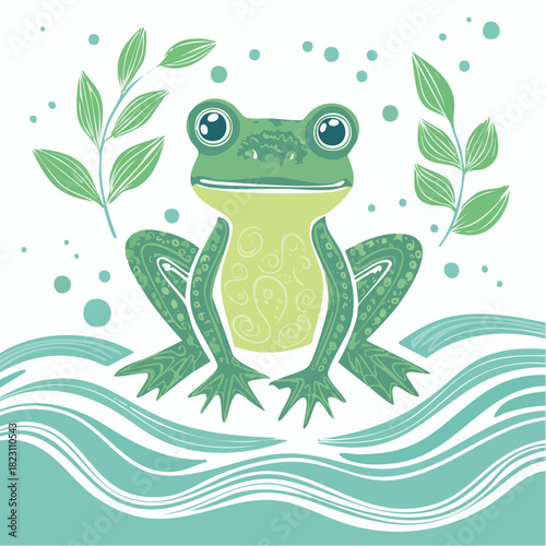 A charming illustration of a green frog with big eyes sitting on stylized water waves, surrounded by green leaves and bubbles.