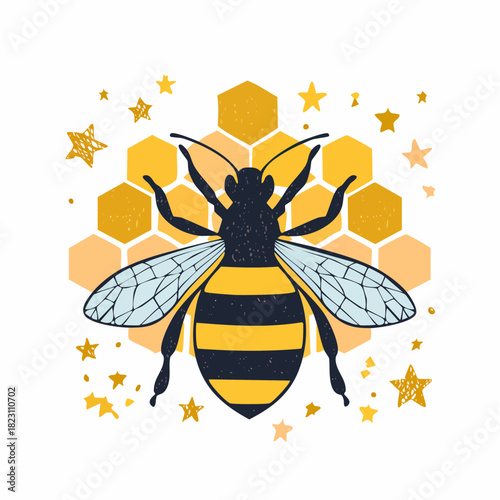 Stylized illustration of a black and yellow bee with light blue wings in front of a golden honeycomb pattern and scattered stars.