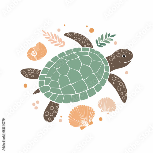 A cute sea turtle swimming among seashells and marine plants, cartoon illustration.