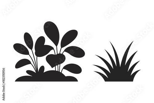 Black silhouette of a heart shaped plant and blades of grass on white vector