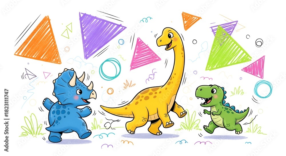 Obraz premium Cheerful cartoon dinosaurs joyfully walk together amid playful geometric shapes on white backdrop