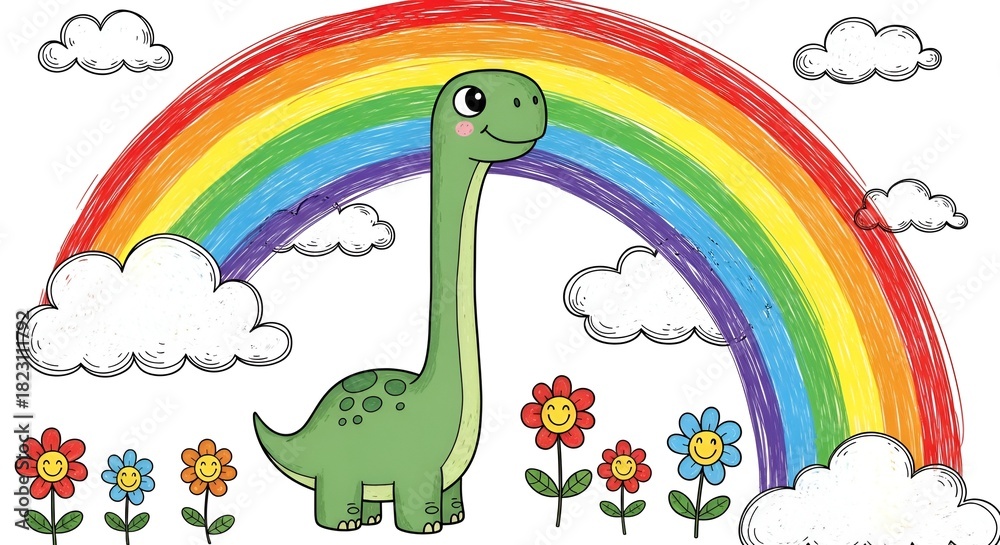 Obraz premium A friendly dinosaur smiles beneath a vibrant rainbow and cheerful cartoon flowers