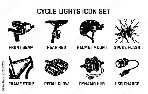 Bike cycle lights vector icons. Set of bicycle lamps, headlamps, and reflectors for bikes.