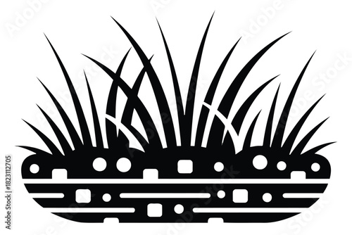 Black silhouette of stylized grass blades emerging from a patterned planter pot black and white