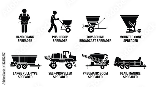 Black glyph icons for fertilizer spreaders. farm machinery for applying nutrients to crops