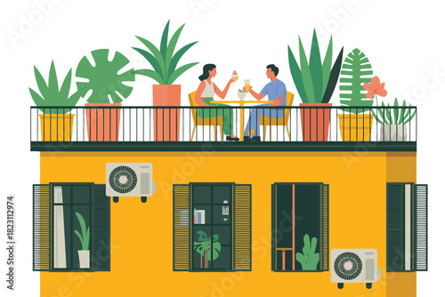 Couple enjoys drinks and dessert on a balcony surrounded by potted plants above a yellow building facade with windows and air conditioners