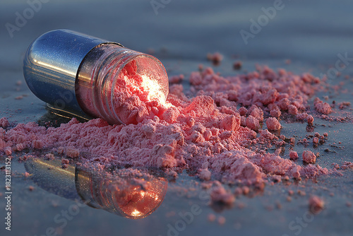 Pink substance spilling from a capsule, depicting concepts of health, medicine, and pharmaceutical innovation