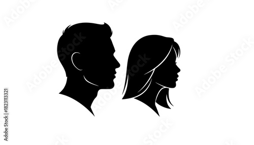 vector set, Vector illustration of silhouette man and woman portrait in profile. Male and female head on a white background side view.
