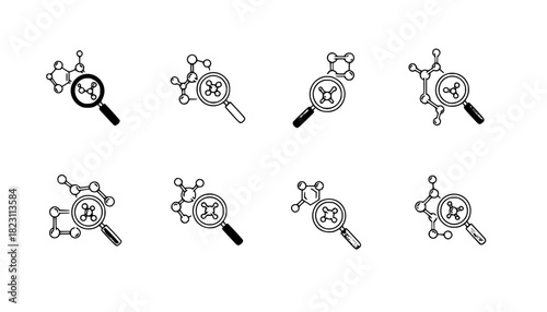 Drug Discovery Magnifying Glass Molecule Flat Vector Icon
