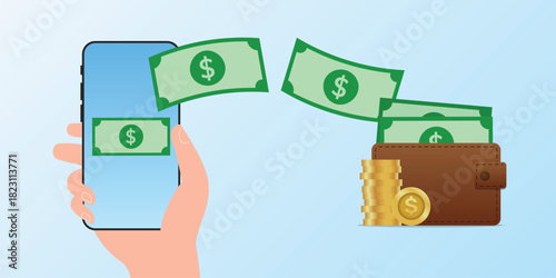 Money transfer by phone, mobile payment concept. Send money from wallet to online bank account. earnings money