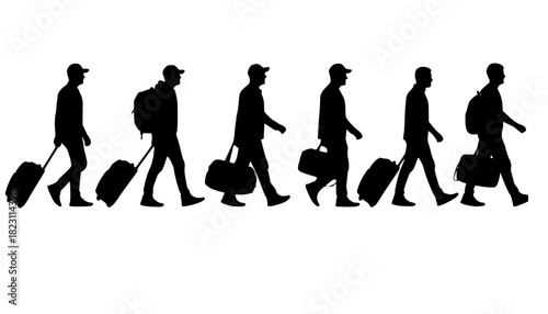 silhouettes of people walking , Silhouettes of people walking with luggage and bags travel on transparent background , no background	