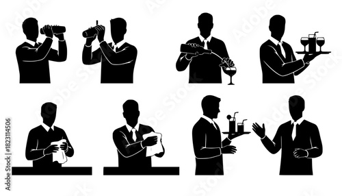 Set of bartender silhouette vector on white background	