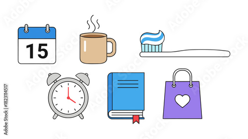 Daily routine concept with planning, hygiene, and leisure icons