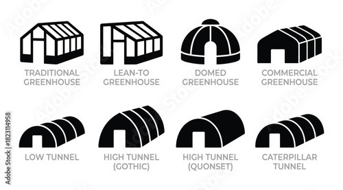 Black silhouettes of greenhouse types traditional, lean-to, domed, commercial, low tunnel, high tunnel.