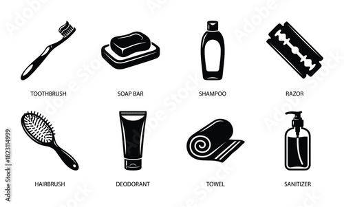 Black silhouettes of hygiene products, personal care items, and bathroom essentials on white background.