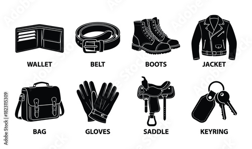 Black silhouettes of various leather accessories like wallet, belt, boots, jacket, bag, gloves, saddle and keyring.