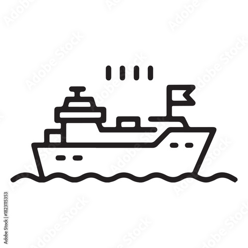 Modern cargo ship with flag sailing on wavy ocean water stylized line art icon