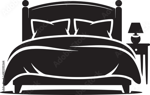 Bedroom interior with bed and nightstand silhouette illustration for relaxation