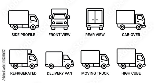 Box truck outline icons set. Side profile front rear view cab-over refrigerated delivery van moving high cube.