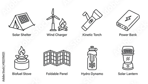 Camping energy outline icons feature solar shelter, wind charger, kinetic torch, and power bank.