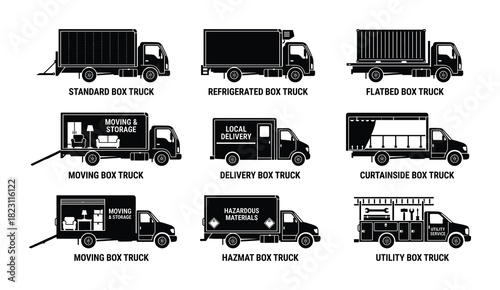 Box truck transport vehicle icons. Standard refrigerated flatbed moving delivery curtainsider hazmat utility.