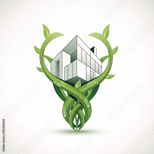 Sustainable architecture concept Green house intertwined with nature and flourishing green leaves
