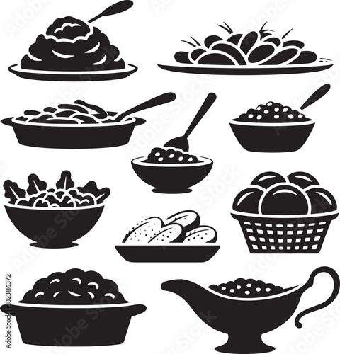 Icon set containing meal dishes and ingredients for dinner vector illustration