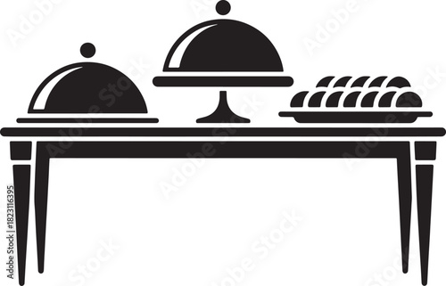Illustration of buffet table laden with serving dishes on transparent background