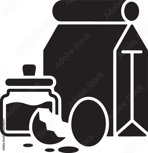 Illustration of baking ingredients including eggs, milk, flour and other stuff