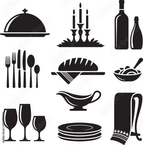 Silhouetted Elegant Table Setting Featuring Dinnerware, Cutlery, and Accessories Items