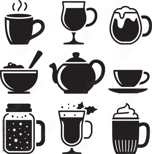 Silhouetted Coffee Cups and Mugs Featuring Hot Beverage Designs for Drink Selections
