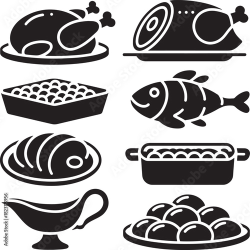 Silhouetted Thanksgiving Turkey and Various Side Dishes Featuring a Traditional Meal