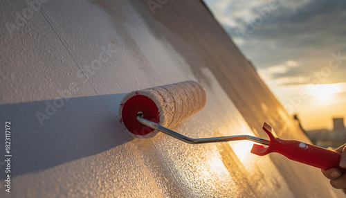 painting a wall with roller at the sunset