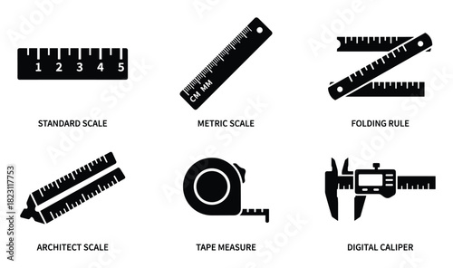 Collection of measuring device icons standard metric folding architect scales tape digital caliper