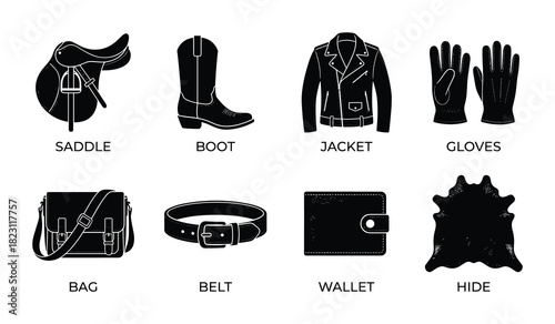 Collection of leather item silhouettes featuring saddle, boot, jacket, gloves, bag, belt, wallet, hide.