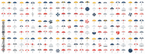 Seamless pattern featuring a wide variety of colorful umbrellas, including red, yellow, blue, and striped designs, illustrated in flat vector style.