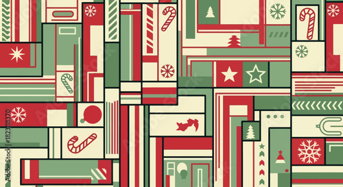 Festive Christmas pattern with holiday symbols and decorations in red and green colors.