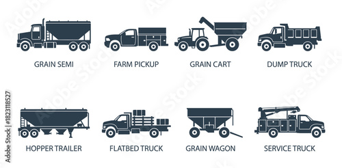 Collection of various grain, farm, and dump trucks with trailers black icons for transport