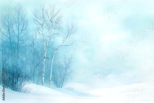 Serene Winter Scene with Bare Trees and Soft Snowfall in a Dreamy Blue Atmosphere
