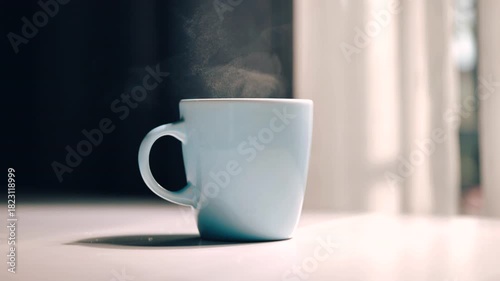 Hot coffee cup steaming on a morning table with sunlight in calm peaceful atmosphere and cozy setting