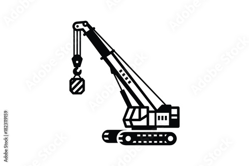 Crawler crane lifting heavy load icon. Construction machinery. Industrial equipment. Black and white vector.
