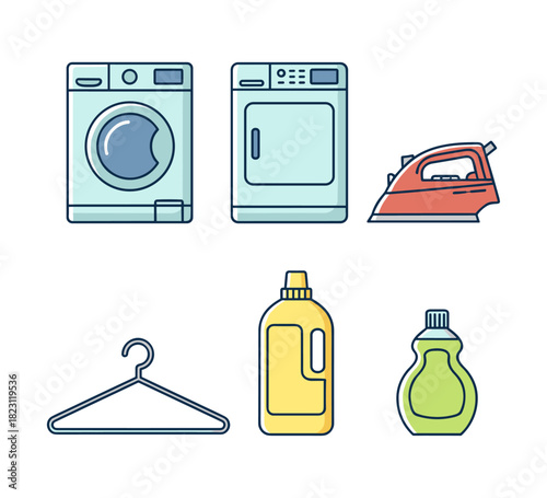 Laundry appliances and cleaning products icon set