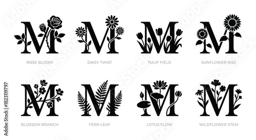 Decorative letter M monograms, featuring various floral designs like rose, daisy, tulip, and sunflower.