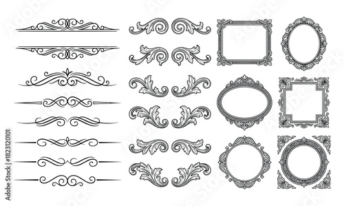 Decorative ornamental frames, calligraphic dividers and flourishes elements. Isolated design set.