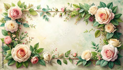 Elegant floral frame with pink and white roses, green leaves, and delicate buds on soft watercolor background
