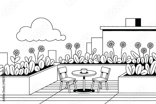 Line art illustration of a rooftop garden with chairs table and flowers against city buildings city view