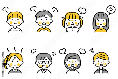 怒った表情のこどもたちの上半身イラストセット②