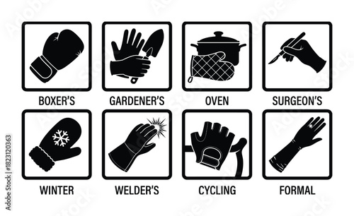 Different types of gloves icons, hand protection for various tasks, boxer, gardener, oven, surgeon