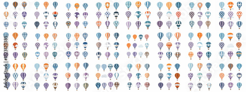 Massive Set of Hot Air Balloon Icons and Vector Illustrations. A Collection of Colorful Flying Vehicles in Retro Flat Style for Travel and Adventure Design.
